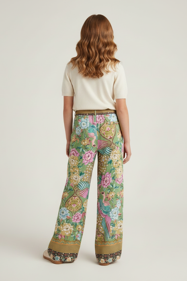 Pantalon Fluide Vert Imprimé Floral Paon Ample - Viscose - vue 2