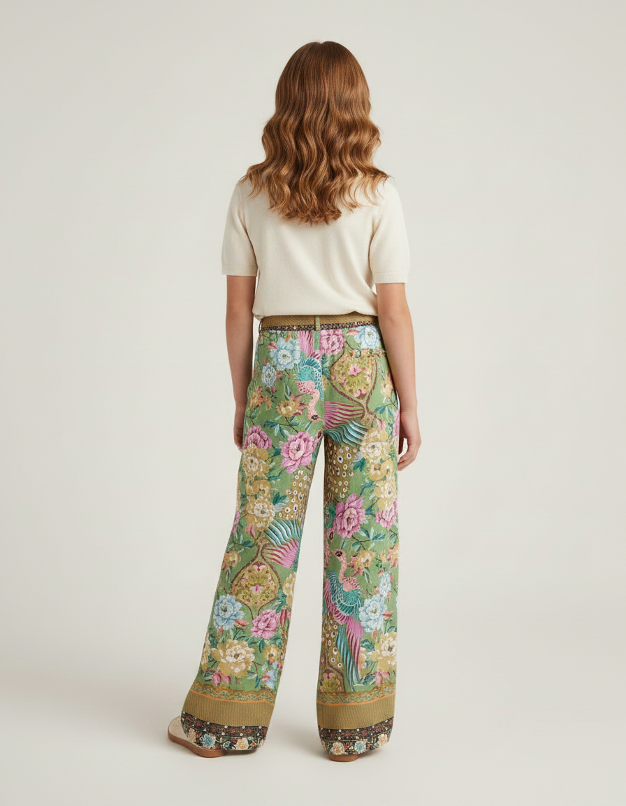 Pantalon Fluide Vert Imprimé Floral Paon Ample - Viscose - vue 2