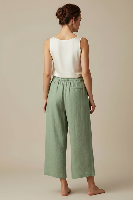 Pantalon Fluide Vert Lin Ample Court Taille Élastique - vue 2