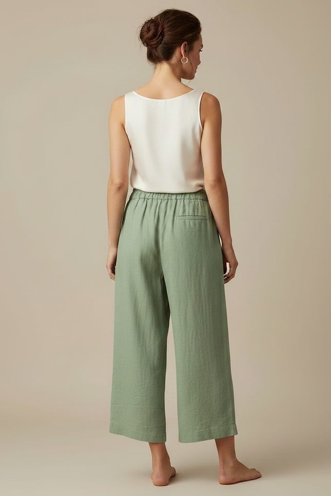 Pantalon Fluide Vert Lin Ample Court Taille Élastique - vue 2