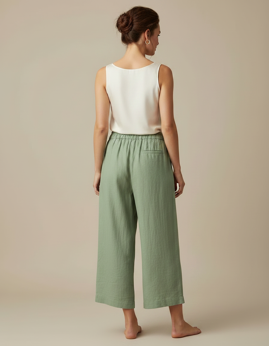 Pantalon Fluide Vert Lin Ample Court Taille Élastique - vue 2