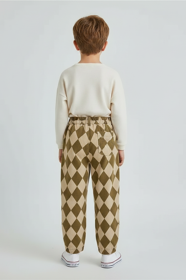 Pantalon Fluide Écru Carreaux Losanges Ample Coton Garçon - Imprimé - vue 2