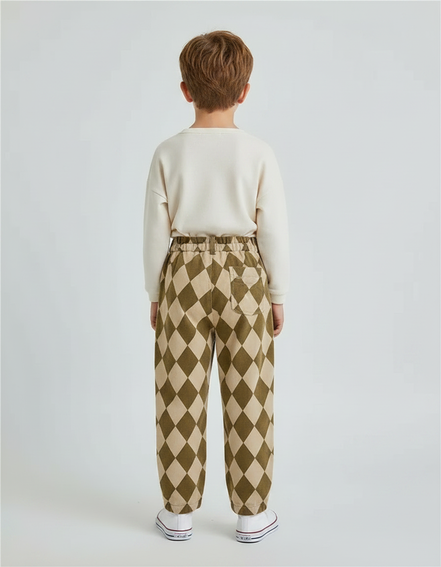 Pantalon Fluide Écru Carreaux Losanges Ample Coton Garçon - Imprimé - vue 2