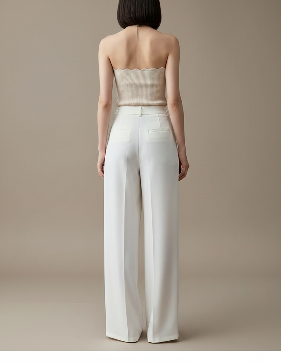 Pantalon Fluide Blanc Ample Taille Haute Satiné Élégant - vue 2