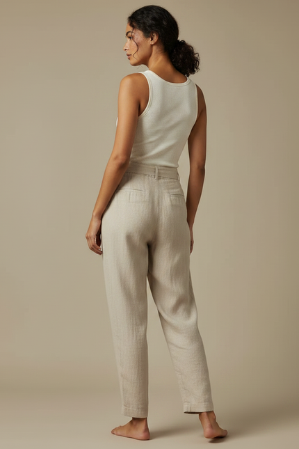 Pantalon Fluide Lin Beige Ample Cordon Décontracté - vue 2