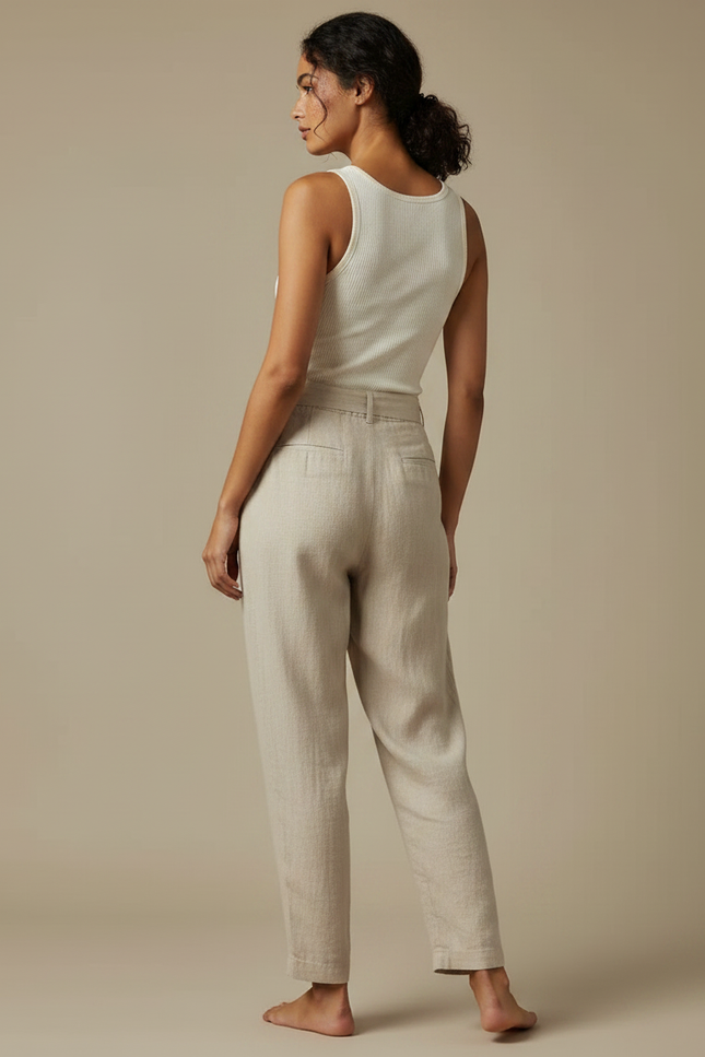 Pantalon Fluide Lin Beige Ample Cordon Décontracté - vue 2
