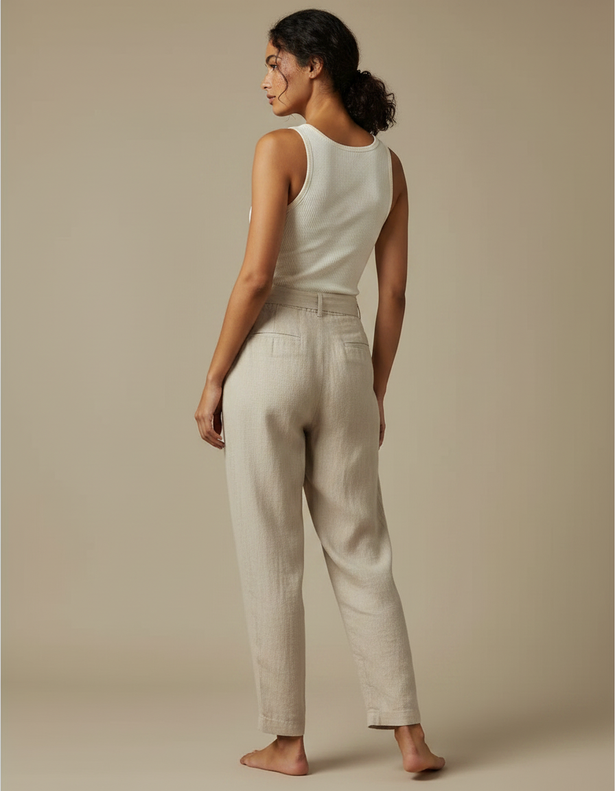Pantalon Fluide Lin Beige Ample Cordon Décontracté - vue 2