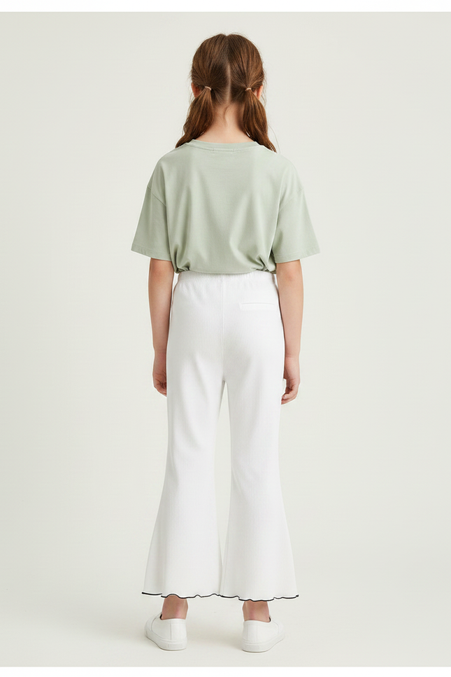 Pantalon Fluide Blanc Côtelé Évasé Fille Estival - Maille - vue 2