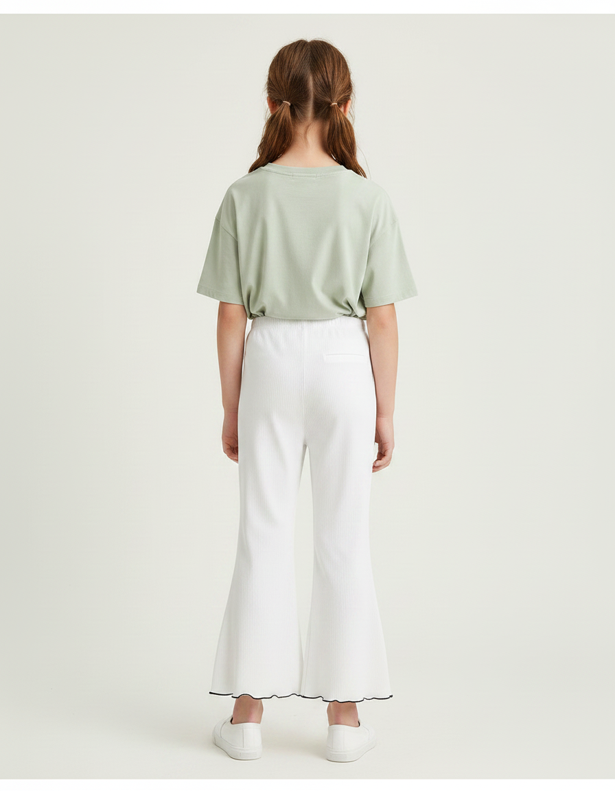 Pantalon Fluide Blanc Côtelé Évasé Fille Estival - Maille - vue 2