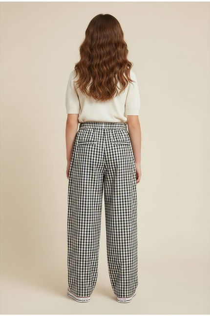 Pantalon Fluide Carreaux Vichy Ample Noir Blanc Fille - Imprimé Viscose - vue 2