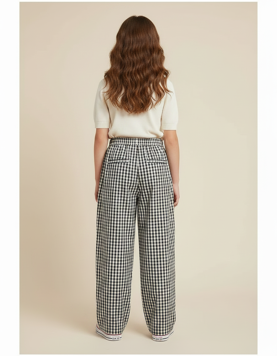 Pantalon Fluide Carreaux Vichy Ample Noir Blanc Fille - Imprimé Viscose - vue 2