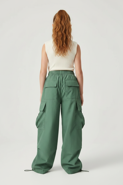 Pantalon Fluide Cargo Vert Ample Coton Enfant Streetwear - Polyester - vue 2