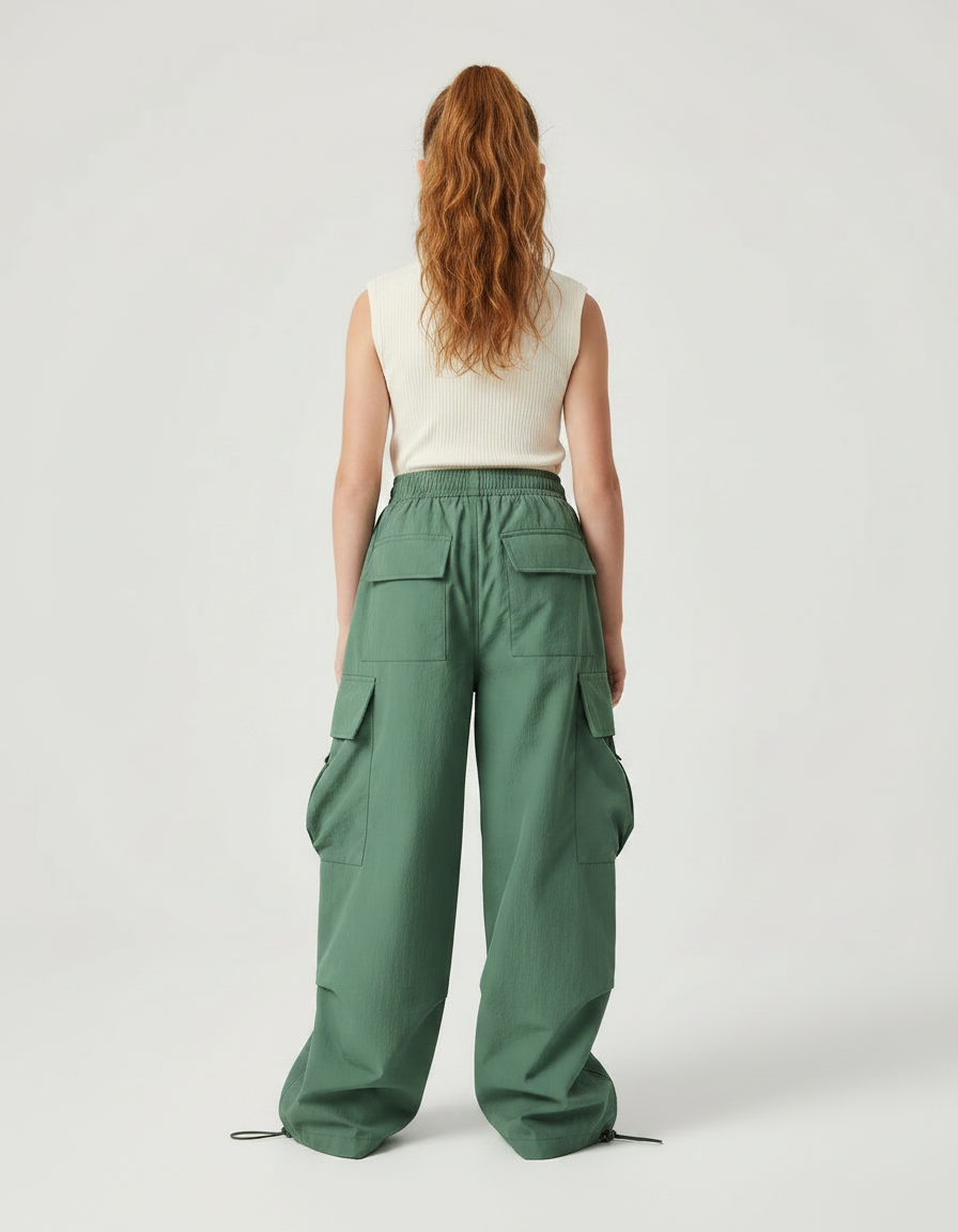 Pantalon Fluide Cargo Vert Ample Coton Enfant Streetwear - Polyester - vue 2