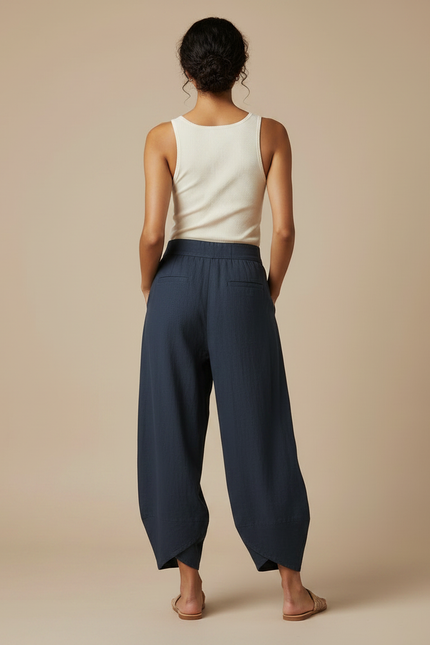 Pantalon Fluide Bleu Marine Ample Coton Lin Décontracté - vue 2