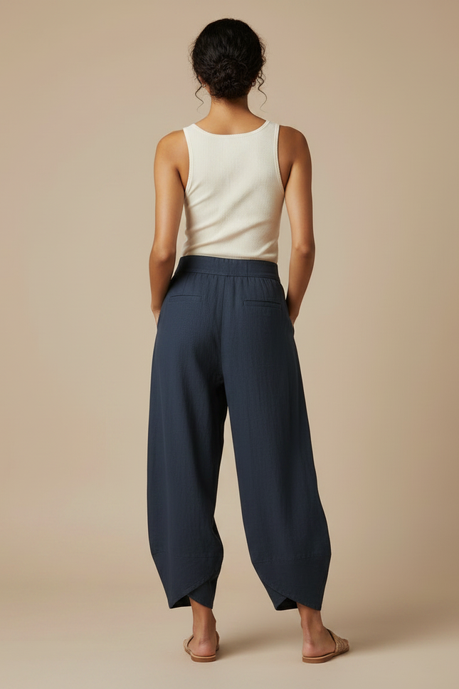 Pantalon Fluide Bleu Marine Ample Coton Lin Décontracté - vue 2