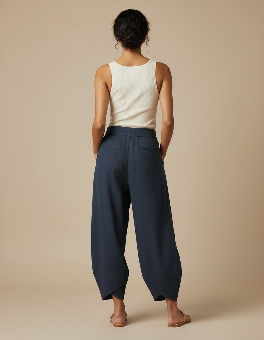 Pantalon Fluide Bleu Marine Ample Coton Lin Décontracté - vue 2