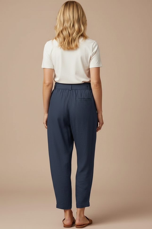 Pantalon Fluide Bleu Marine Coton Ample Cordon Femme - vue 2