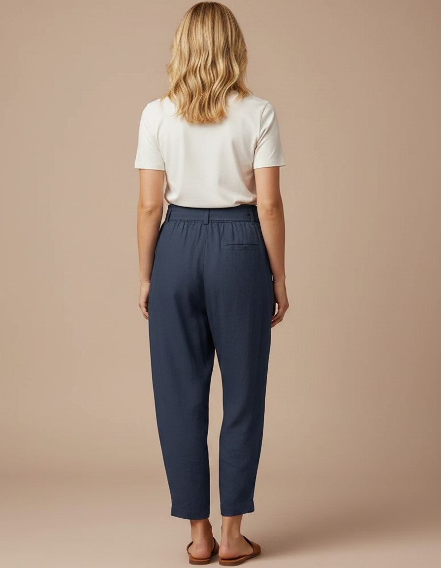 Pantalon Fluide Bleu Marine Coton Ample Cordon Femme - vue 2