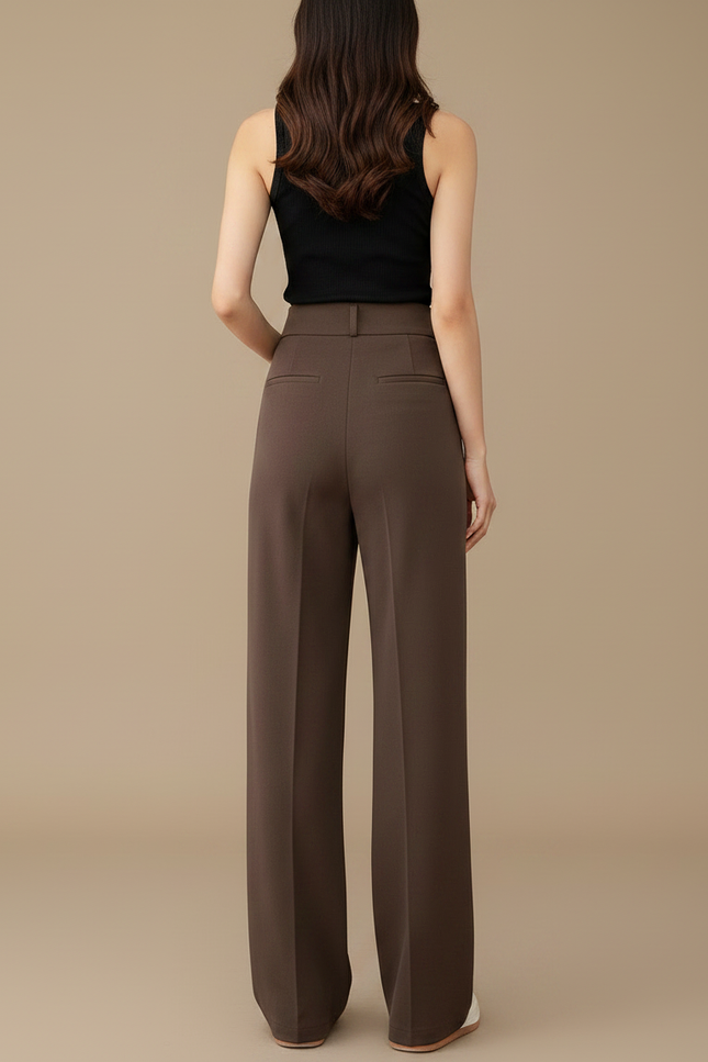Pantalon Fluide Marron Taille Haute Ample Plissé Femme - Polyester - vue 2