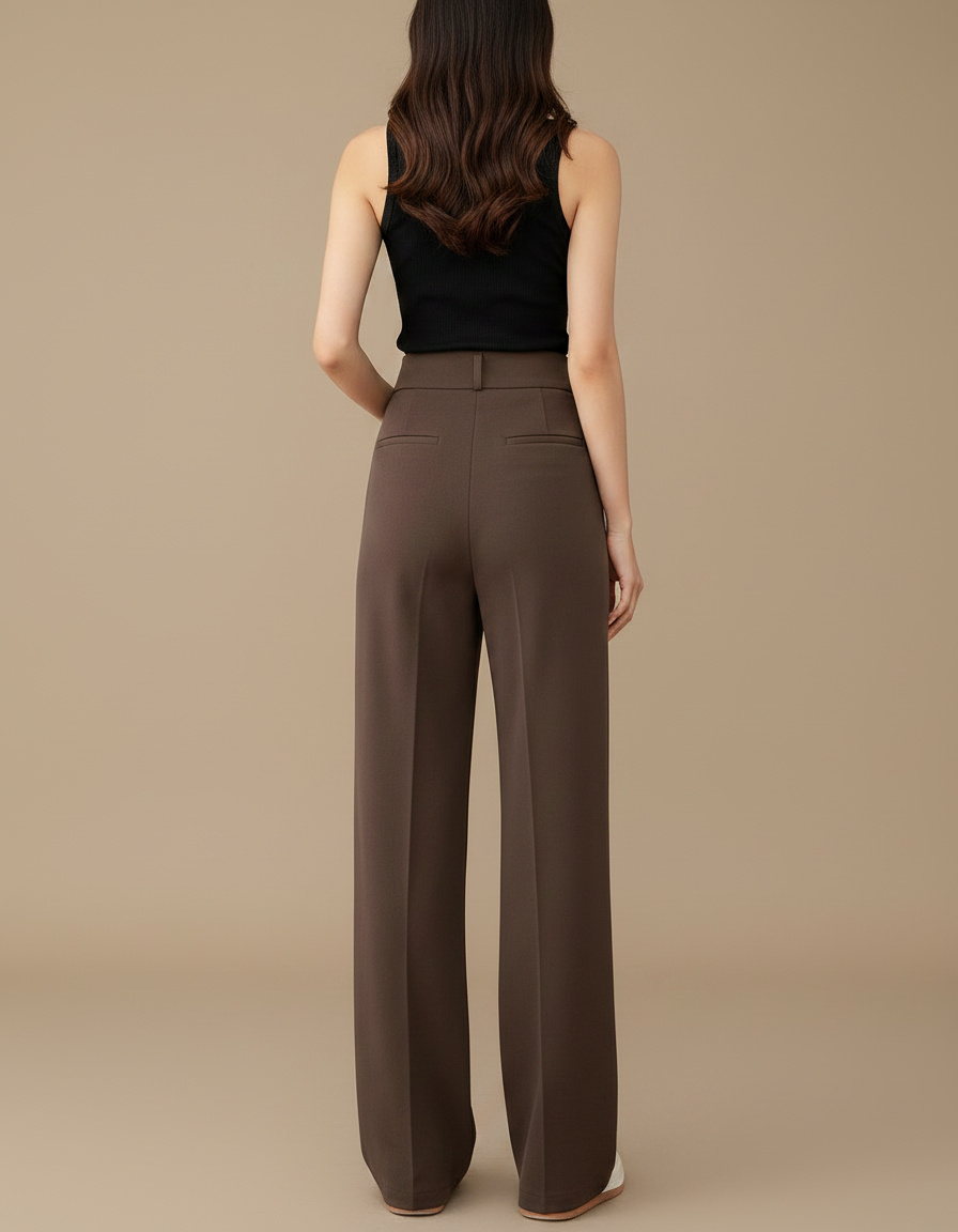 Pantalon Fluide Marron Taille Haute Ample Plissé Femme - Polyester - vue 2