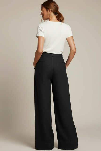 Pantalon Fluide Noir Ample Taille Haute Plissé - Lin - vue 2