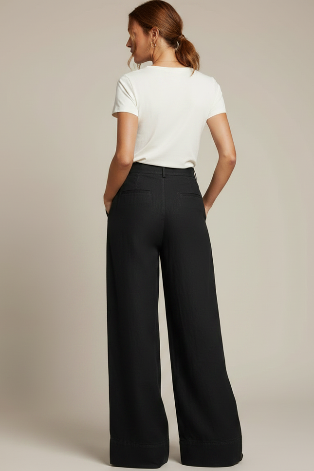 Pantalon Fluide Noir Ample Taille Haute Plissé - Lin - vue 2