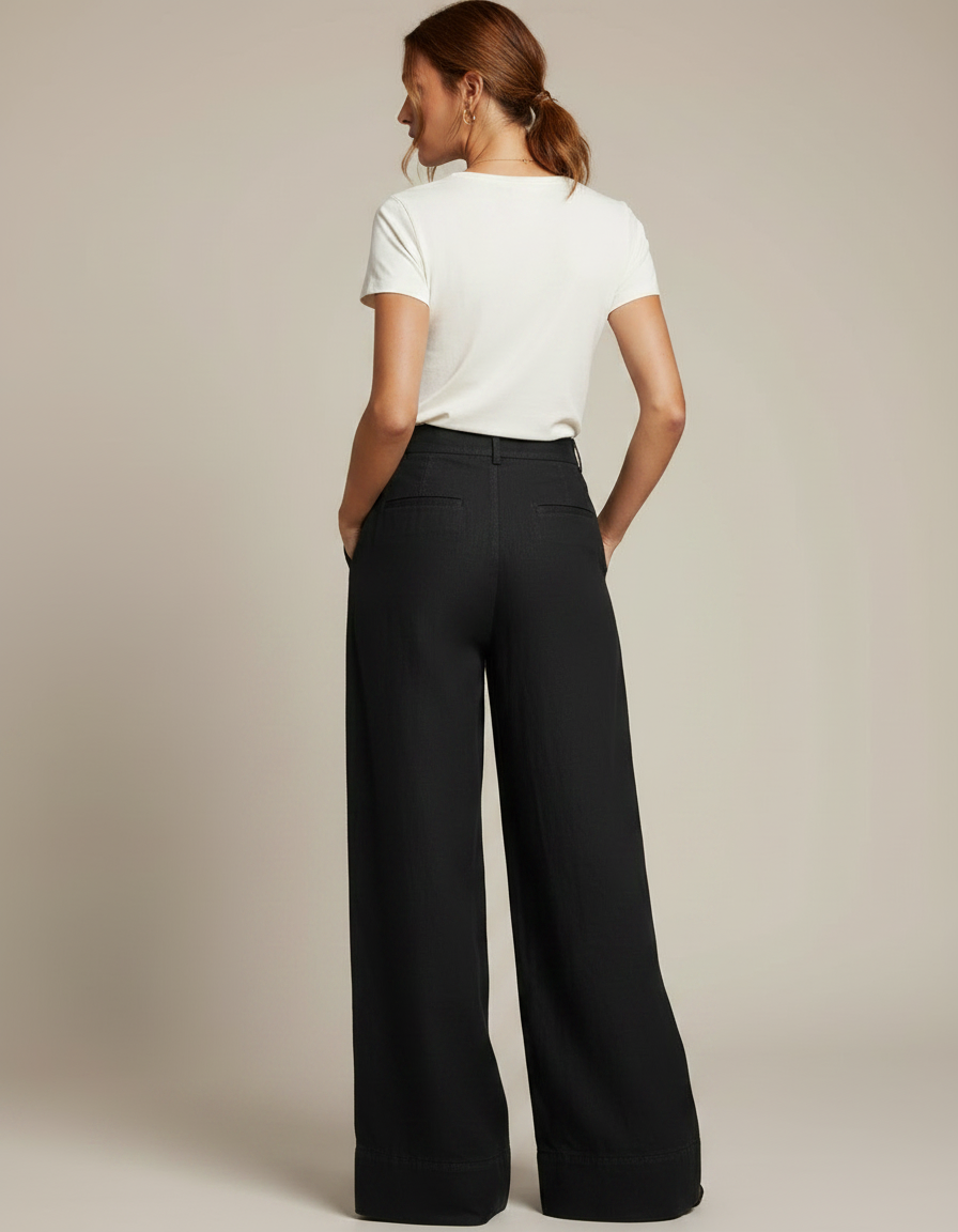 Pantalon Fluide Noir Ample Taille Haute Plissé - Lin - vue 2