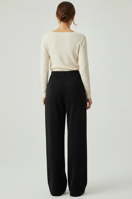 Pantalon Fluide Noir Ample Côtelé Taille Haute Femme - Cordé - vue 2