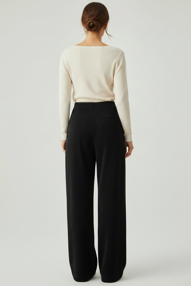 Pantalon Fluide Noir Ample Côtelé Taille Haute Femme - Cordé - vue 2