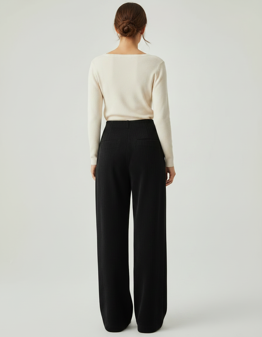 Pantalon Fluide Noir Ample Côtelé Taille Haute Femme - Cordé - vue 2