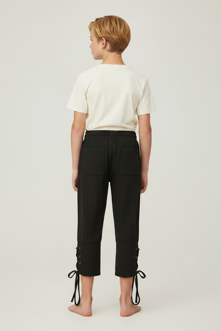 Pantalon Fluide Noir Ample Coton Lacets Garçon - vue 2
