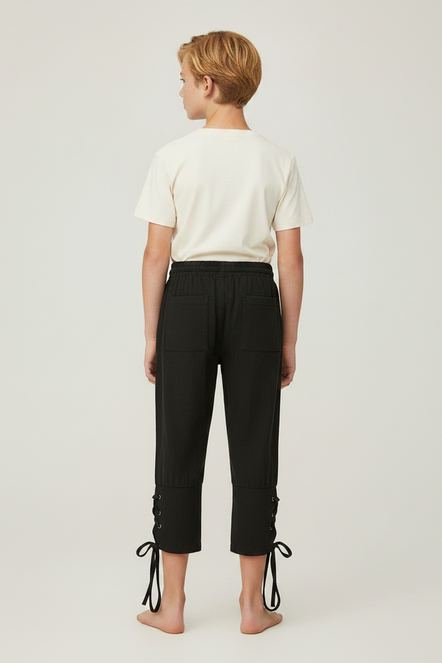 Pantalon Fluide Noir Ample Coton Lacets Garçon - vue 2