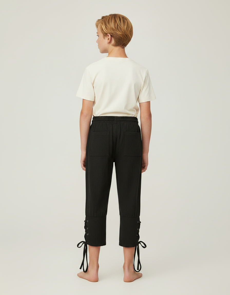 Pantalon Fluide Noir Ample Coton Lacets Garçon - vue 2