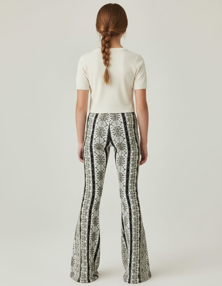 Pantalon Fluide Imprimé Évasé Noir Blanc Bohème - Viscose - vue 2