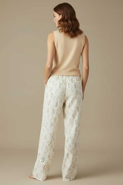 Pantalon Fluide Écru Coton Imprimé Floral Ample Décontracté - vue 2