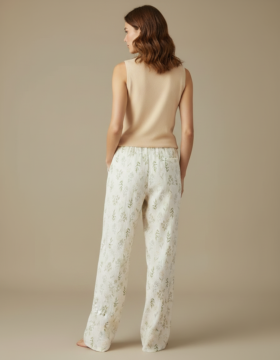 Pantalon Fluide Écru Coton Imprimé Floral Ample Décontracté - vue 2