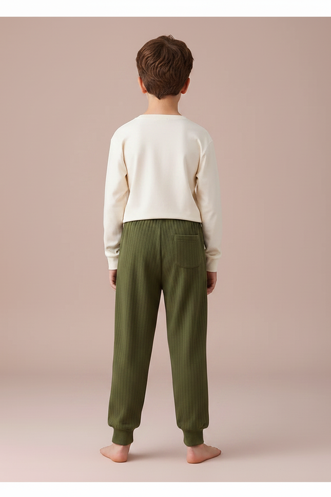 Pantalon Fluide Vert Kaki Côtelé Décontracté Enfant - Molleton - vue 2