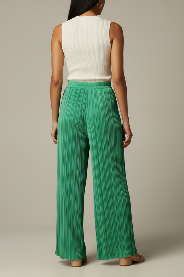 Pantalon Fluide Vert Plissé Ample Décontracté Chic - Polyester - vue 2