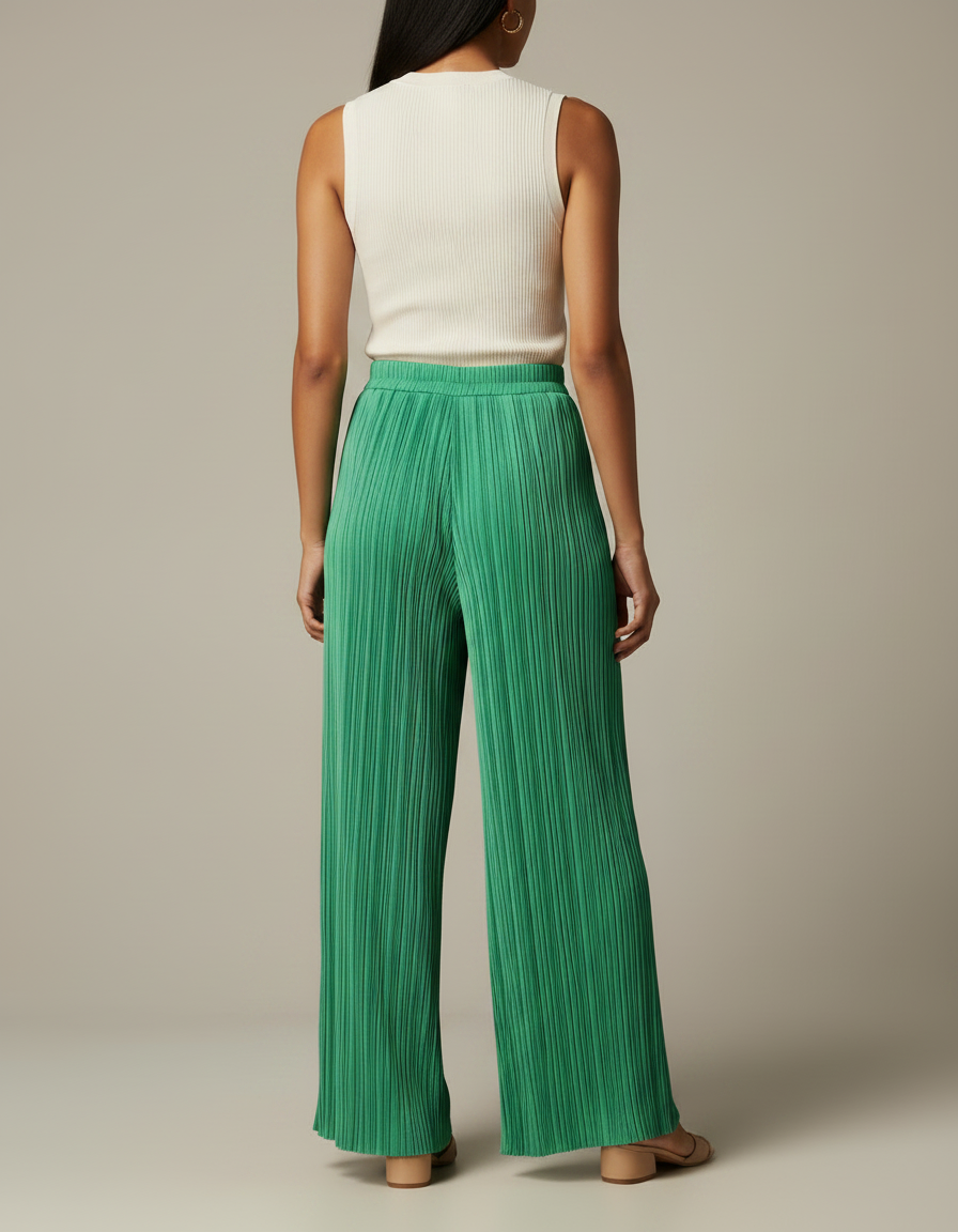 Pantalon Fluide Vert Plissé Ample Décontracté Chic - Polyester - vue 2