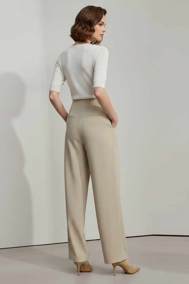 Pantalon Fluide Beige Plissé Taille Haute Élégant Droit - Polyester - vue 2