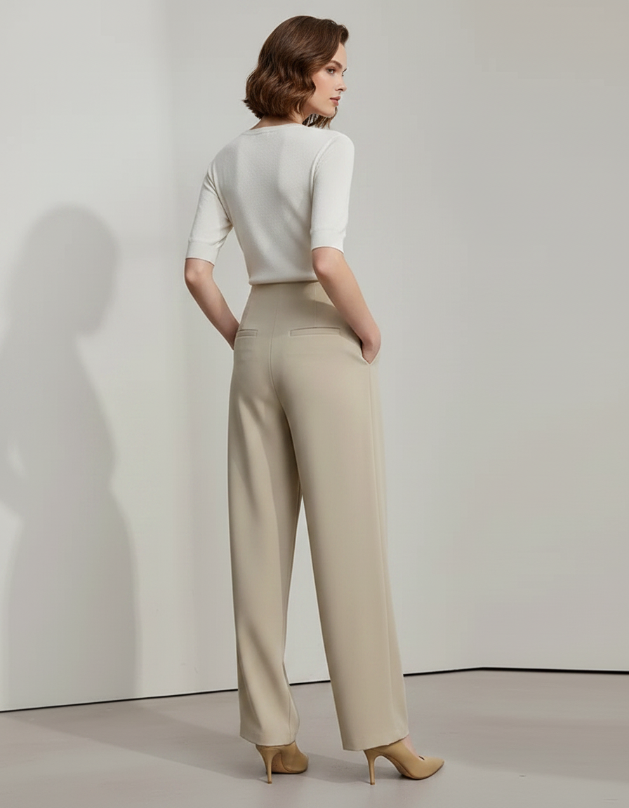 Pantalon Fluide Beige Plissé Taille Haute Élégant Droit - Polyester - vue 2