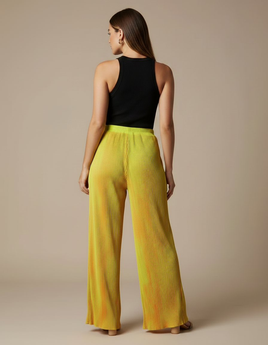 Pantalon Fluide Plissé Tie-Dye Ample Jaune Orange - Multicolore Polyester - vue 2
