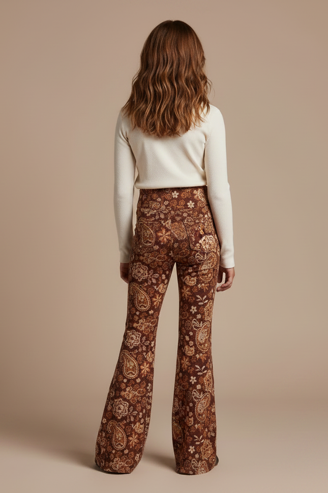 Pantalon Fluide Évasé Marron Imprimé Floral Confortable - Velours - vue 2