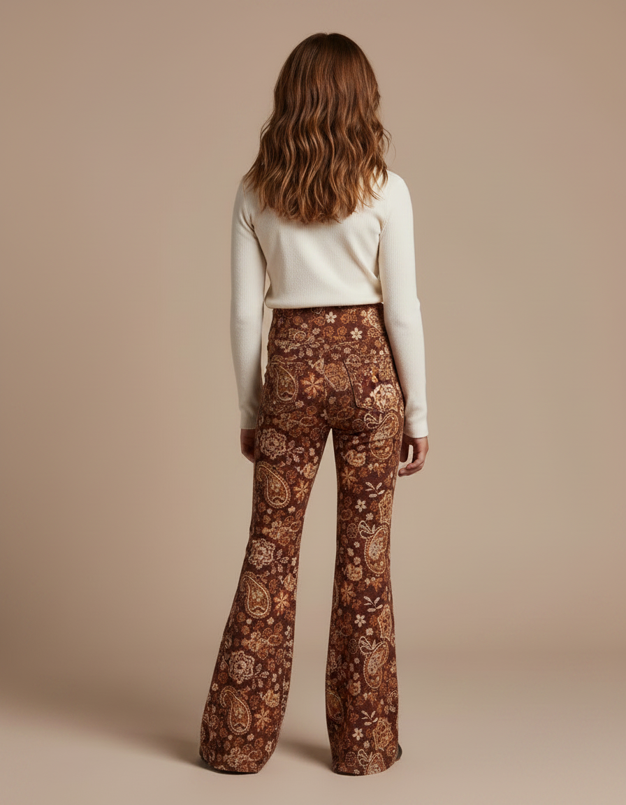 Pantalon Fluide Évasé Marron Imprimé Floral Confortable - Velours - vue 2