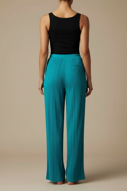 Pantalon Fluide Plissé Turquoise Ample Élégant Femme - Bleu Polyester - vue 2