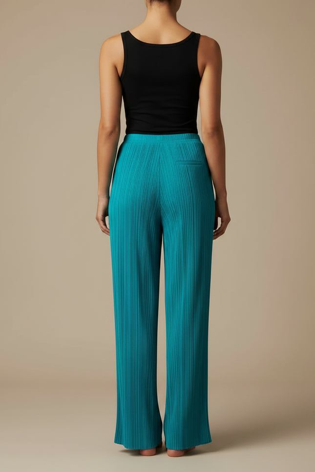 Pantalon Fluide Plissé Turquoise Ample Élégant Femme - Bleu Polyester - vue 2