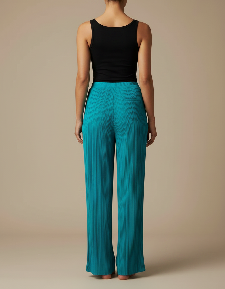 Pantalon Fluide Plissé Turquoise Ample Élégant Femme - Bleu Polyester - vue 2