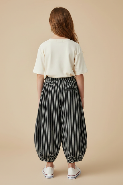 Pantalon Fluide Rayé Noir Ample Coton Décontracté - vue 2