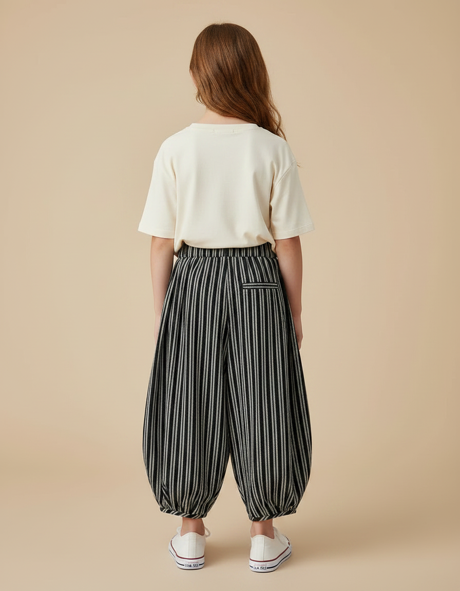 Pantalon Fluide Rayé Noir Ample Coton Décontracté - vue 2