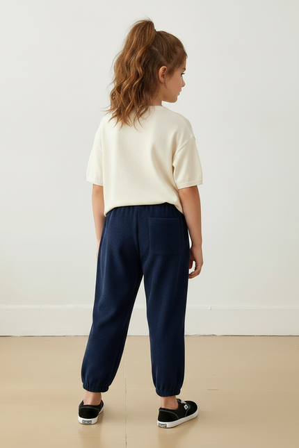 Pantalon Fluide Bleu Marine Côtelé Ample Décontracté Smiley - Cordé - vue 2